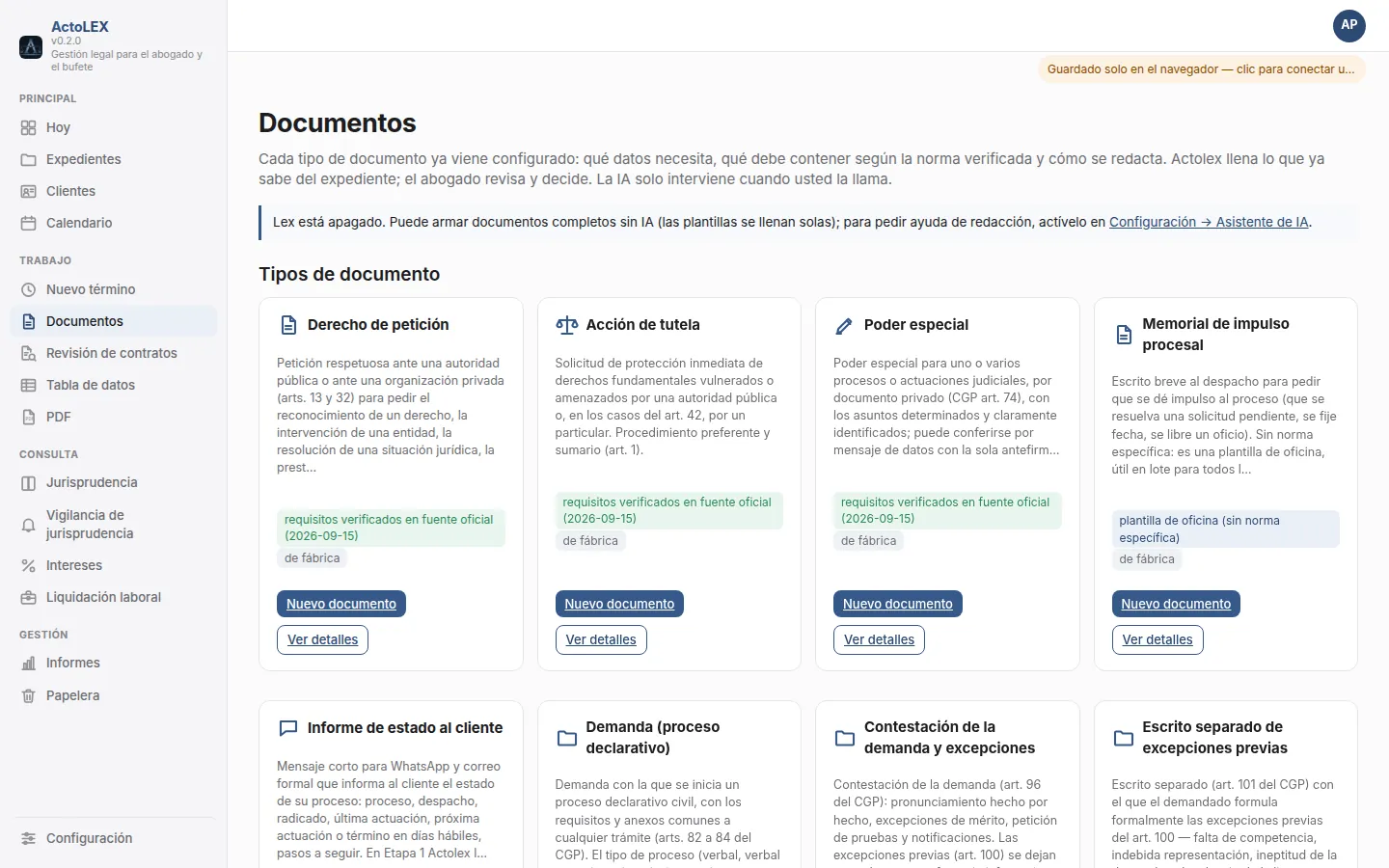 Catálogo de tipos de documento en Actolex
