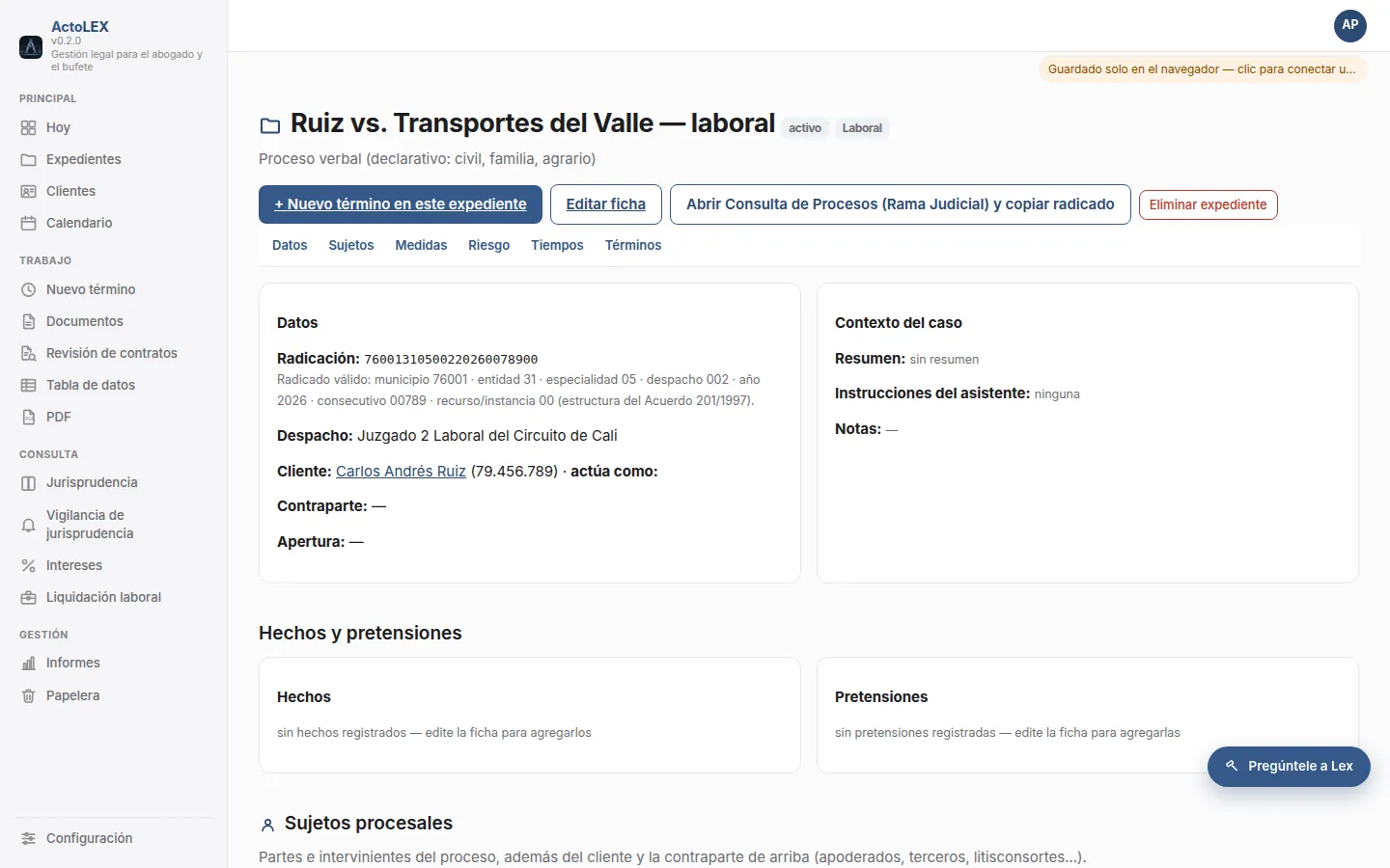 Ficha de un expediente en Actolex